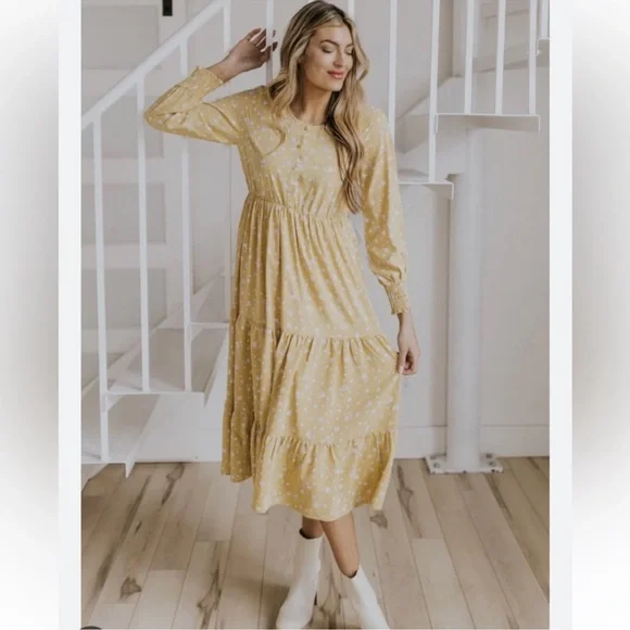 Roolee | Yellow/Tan Tiered Dress | Purple Floral Print - Picture 1 of 4